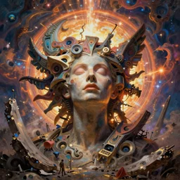 the destruction of what is established in search of creations that liberate the human being and elevate him towards other dimensions and thoughts, psychedelic comisc surreal art, magical hyperrealism, existential brutalism