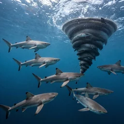 a photo of many sharks swimming and gathering as a tornado.