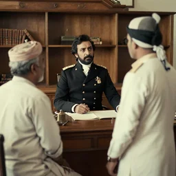 a british officer questioning a local trader in kerala in his office in 1921, cinematic, color graded