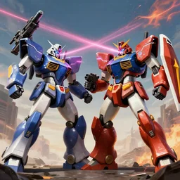 Two giant mechs battling each other with laser eyes and machine guns
