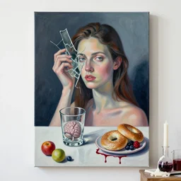 “ sensual, a portrait in a female art student ’ s apartment, broken glass, bagels, brain, fresh fruit, anatomical textbook, berries, scientific glassware, art materials, candle dripping white wax, berry juice drips, neo - expressionism, surrealism, acrylic and spray paint and oilstick on canvas ”