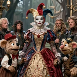 detailed ultrarealistic photography medium shot of fantasy jester queen and furry muppet puppet leyendecker, norman rockwell, ian miller, artstation cinematic, vray game of thrones, lord of the rings, legend ( 1 9 8 5 )
