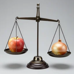 set of balance scales with weights, one apple in one side, one onion in the other