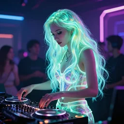 a beautiful glowing alien woman with long glowing neon hair djing at a party in the future, by artgerm, gorgeous, detailed, cinematic lighting