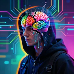 a technopathic cyberpunk hacker having his mind shattered in cyberspace, circuit, circuitry, portrait, lens distortion, colorful, rainbow, spectral color, saturated, neon, electric colors, high contrast, 5 - dimensional, 5 d, atari graphics, amiga ocs graphics, vr, non - euclidian, quasi - regular
