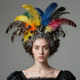 a woman with a weird head piece on her head, a flemish baroque by alexander mcqueen, panfuturism, made of paperclips, made of insects, made of feathers, hybrid, bold natural colors, masterpiece, trending on artstation, photograph
