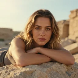 cute face portrait of muscled Mila Kunis chilling on a rock, sun down golden hour , ancient ruins,  sun ray prisms through wind swept saturated pollen, intricate, highly detailed, epic vista, very crispy, Ralph Horsley, Daniel F. Gerhartz, Artgerm, Boris Villajo, Lilia Alvarado