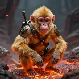 pretty blond steampunk monkey surrounded by lava, 8 k, shallow depth of field, 8 k, ultra high detail, concept art,