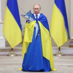 Putin in a dress of marlin Monroe in the colors of Ukrainian flag