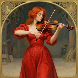 woman with red hair red dress at the center of the stage playing redwood violin, artistic, renaissance, soft, detailed, art nouveau, artwork of the century, precision