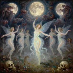 concept art of translucent glowing curvy fairies dancing, lovecraftian, surrealism, renaissance, melting, round moons, rich clouds, fighting the horrors of the unknown, very detailed, volumetric light, mist, fine art, decaying, textured oil over canvas, epic fantasy art, very colorful, ornate intricate scales, floor of skulls, fractal gems
