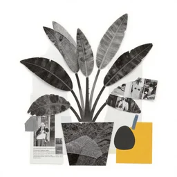 a paper collage of a plant made of torn black and white photos, magazine cut outs and block color shapes, abstraction of block shapes