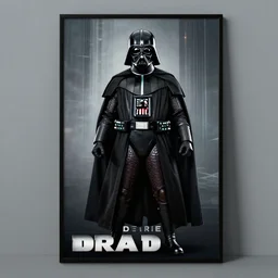 a poster with dart vader and his name is shown standing in corner on a grey background