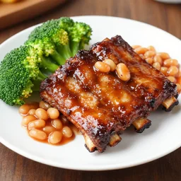 dslr food photograph of a rack of ribs with a side of broccoli and baked beans of candy, 8 5 mm f 1. 8
