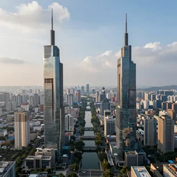two skyscrapers with straight features standing on opposite side of the central river between them rising above the city's residential area with atmospheric clouds during the daylight, artstation, unreal engine 5, hyperdetailed, aerial view, 2 4 mm lens