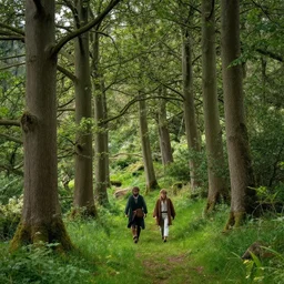 a valley with tall trees and two hobbits walking through the forest in the style of J.R.R Tolkien