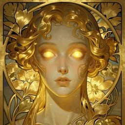 alien, sci fi, glowing eyes, volumetric lights, gold theme, art nouveau botanicals, intricate, highly detailed, digital painting, artstation, concept art, smooth, sharp focus, cinematic, illustration, beautiful face, art by artgerm and greg rutkowski and alphonse mucha