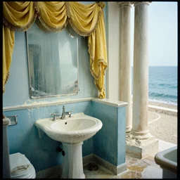 movie still by tarkovsky of a washy blue neoclassical bathroom with yellow drapery with columns next to the ocean, cinestill 8 0 0 t 3 5 mm, heavy grain, high quality, high detail, isometric view, dirty
