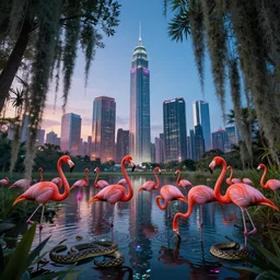 kowloon city, everglades, hanging spanish moss, cyberpunk 2 0 7 7. flamingos, pythons, surreal, sci - fi, fantasy, luminescent wide angle highly detailed by andreas franke and santiago calatrava rhads, captivating 8 k hdr, octane render godrays artstation