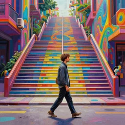 photo - realistic, painting of a man walking alone in the boulevard of psychedelic dreams, trippy stairs in the background, hyper detail, sharp, in the style of beeple, mobeius, rule of thirds, unreal engine