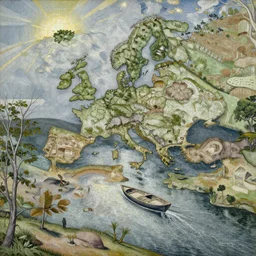 An intricate, extremely detailed painting in a style of Alex Grey featuring a river in Europe, surrounded by trees and fields. A dinghy is slowly moving through the water. Sun is shining.