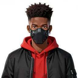 anime character design, portrait of anime black man with a high top fade afro, wearing a cyberpunk mask, with a red hoodie, wearing a black bomber jacket over the red hoodie, vibrant colors, ( ( ( koi colors ) ) ), octane render, jesper ejsing, james jean, justin gerard, tomasz alen kopera, cgsociety, fenghua zhong, ma