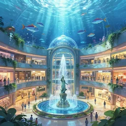 Multi-levle shopping mall in a bustling beautiful city on the sea floor in a glass dome, anime, fountain, statue, underwater, rapture, fish holograms flying over head, godrays, a fantasy digital painting by Makoto Shinkai, trending on Artstation, highly detailed