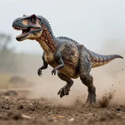 action photography, long shot, award winning macro photo of an ultra detailed intricate muddy dinosaur running very fast in mud, dirt and dust, fast shutter speed, motion blur, tiny gaussian blur, highly detailed, highly intricate, depth of field, national geographic