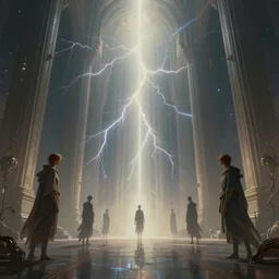 otherworldly ambient occlusion render metaphysical scifi cosmic creatures entering the ethereal plane cathedral, art by artgerm, wlop, loish, ilya kuvshinov, muted vaporwave ombre, leading lines, fractal lightning, lichtenberg figures, vanishing point, volumetric lighting, god rays, lasers