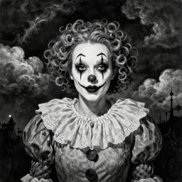By Tom Bagshaw, ultra realist soft painting of a curiosities carnival by night, Female Clown dressed, horror, omnious sky, symmetry accurate features, very intricate details, black and white, volumetric light clouds