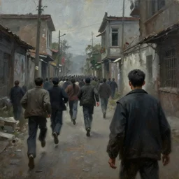 dark oil realistic painting a crowd of people rushes out in the distance towards a gaunt man in a decrepit communist street