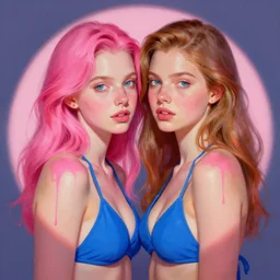 portrait of two beautiful girls, intimate, vibrant shades of pink, beautiful face, rule of thirds, blue bikinis, spotlight, drips of paint, by greg rutkowski, by jeremy mann, by francoise nielly, by van gogh, digital painting