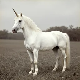 1800s photograph of a white unicorn in a field