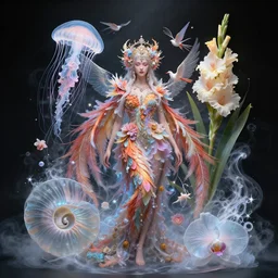 a beautiful goddess covered with jellyfish phoenix and bird and giant orchid, flower and giant gladiola. midsommar style, intricate, elegant, surrounded by smoke and water energy flow. translucent nautilus, highly detailed. octane render, by wlop, tooth wu, greg rutkowski, alena aenami