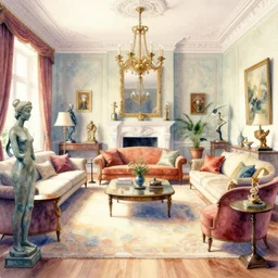 a hiper intricate watercolor of a beatiful living room with sculptures, extremely detailed, sharp focus, elegant, wide view, smooth, digital illustration, colorfull, by william turner art, by greg rutowski