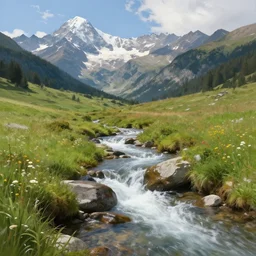 natural mountain gush, small river, creek, high mountains, meadow, alps, digital painting, photorealism, hudson river school, realistic lighting, idyll