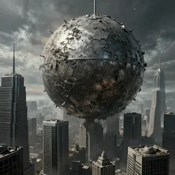 a massive ball of iron wrecking through a row of skyscrapers, dark souls inspired, elden ring inspired, octane render, rtx, unreal engine 5, digital painting, trending on artstation, highly detailed, epic composition, 8 k uhd