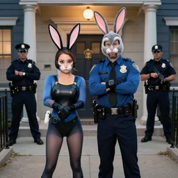 Bonnie and Clyde wearing bunny costume, gun, bank robbery, police