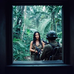 film still of kim kardashian, extreme far view, jungle, vietnam door gunner, apocalypse now, associated press, 2 6 mm, kodak ektachrome, blue tint expired film