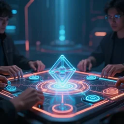 closeup view of an ai playing multidimensional intellectual logic games in a glowing cypherpunk thunderdome, trending on artstation, cinematic composition, beautiful lighting, hyper detailed, 8 k