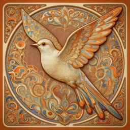 ethereal nightingale bird made of fabric, alphonse mucha, ganbrood william morris, delicate, textured, ornate, complex detailed illustration, swirling, octane render, intricate detail, orange blue gold