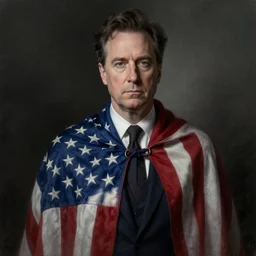 a portrait of stephen colbert dressed in an american flag cape, stoic, fantasy, intricate, elegant, beautiful, highly detailed, charcoal, centered, dark, smokey, digital painting, artstation, concept art, smooth, sharp focus, illustration, art by artgerm and greg rutkowski and alphonse mucha