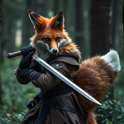 a medieval anthropomorphic fox assassin with a fluffy tail in the forest, fursuit
