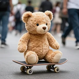teddy bear on skateboard on a crowded street