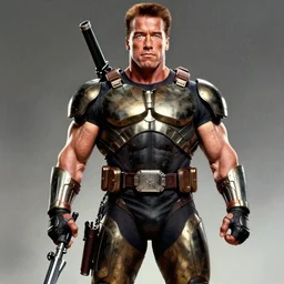 schwarzenegger in armored suit and weapons, art by bruce pennington