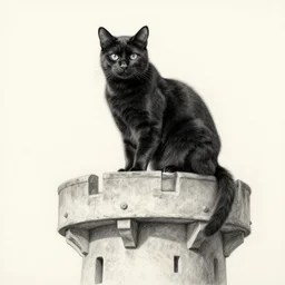 a black cat sitting on top of a watch tower, pencil drawing, hyper-detailed n-3