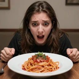 a horrified person in front of a dish of spaghetti, high quality photography, detailed, 8k