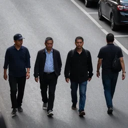 high-detailed photo of four males walks on street