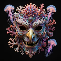 intricate gothic mask, eagle coral, jelly fish, mandelbulb 3 d, fractal flame, octane render, cyborg, biomechanical, futuristic, vibrant colors, psychedelic, by ernst haeckel