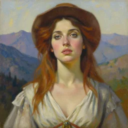 a stunning closeup portrait painting of goddess thandie newton, contemplative, hybrid oil painting, high fashion, western dress, scenic mountain vista blown out background, art by jeremy pitkin, alphonse mucha, greg rutkowski, tim hildebrandt, boris vallejo, artgerm